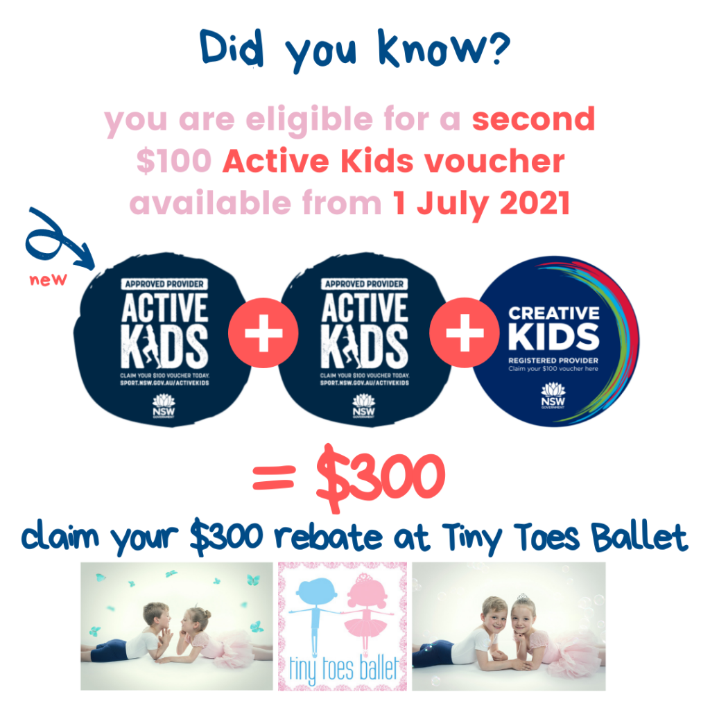 Apply for an Active Kids voucher or Creative Kids voucher and get $300 off your dance school fees. Tiny Toes Ballet is an approved provider for both the NSW Government's Active Kids and Creative Kids programs.